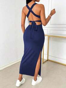 Vestido ajustado y sexy con escote pronunciado, espalda descubierta, tirantes cruzados y abertura - azul real - Ver 3