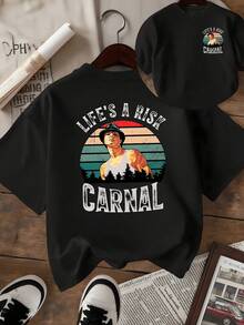 Atardecer con tonos cálidos detrás de siluetas de árboles simboliza la aventura y el riesgo de vivir intensamente camiseta de mujer con impresión doble que refleja actitud valiente y espíritu libre - Negro - Ver 1