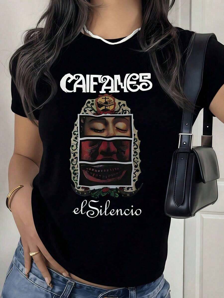 1Pc Women's Caifanes Band "El Silencio" Album T-Shirt - Iconic Latin Rock Logo T-Shirt, Retro Music Band T-Shirt For Concerts And Casual Wear, Machine Washable, Round Neck, Short Sleeve, Couple T-Shirts - 黑色 - 查看 1