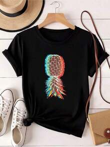 Vintage Loose Fit Women's T-Shirt With Letter Print, Casual Daily Wear, Pineapple T-Shirt, Lifestyle Swinger Vaporwave Oversize T-Shirt, 100% Pure Cotton - 黑色 - 查看 7