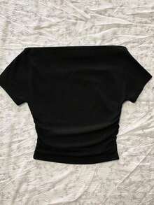 Camiseta de manga corta ajustada con hombros descubiertos y pliegues en la cintura, con estampado de limón, adecuada para el verano - Negro - Ver 2