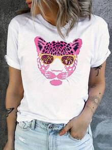 Women's Leopard Print Short Sleeve T-Shirt With Fashionable Glasses Graphic - Loose Fit, Round Neck, Casual Spring And Summer Top, White With Pink And Black Animal Print, Sizes S-3XL, Leopard Print Clothing, Summer Clothes, Soft Fabric T-Shirt, Y2k T-Shirt. - 黑色 - 查看 1