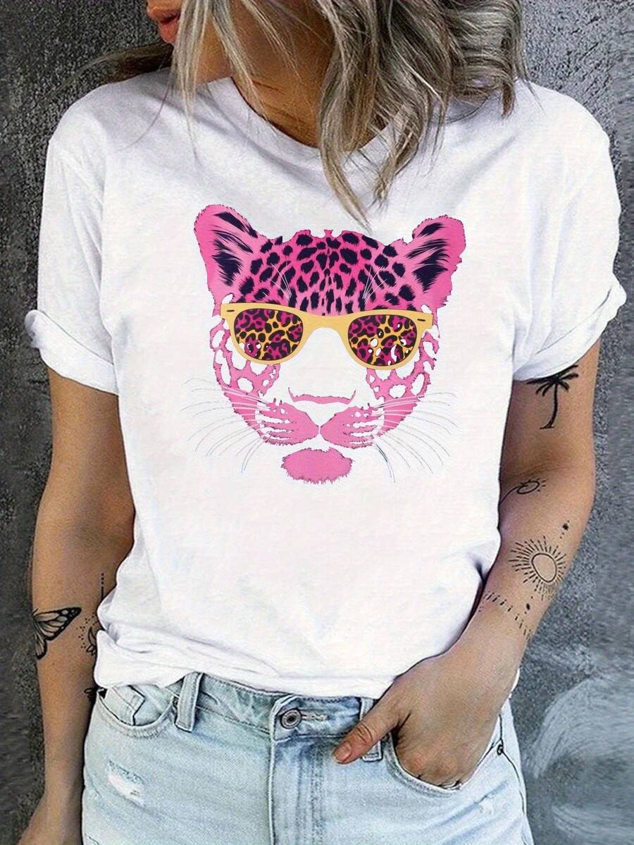 Women's Leopard Print Short Sleeve T-Shirt With Fashionable Glasses Graphic - Loose Fit, Round Neck, Casual Spring And Summer Top, White With Pink And Black Animal Print, Sizes S-3XL, Leopard Print Clothing, Summer Clothes, Soft Fabric T-Shirt, Y2k T-Shirt. - 黑色 - 查看 1