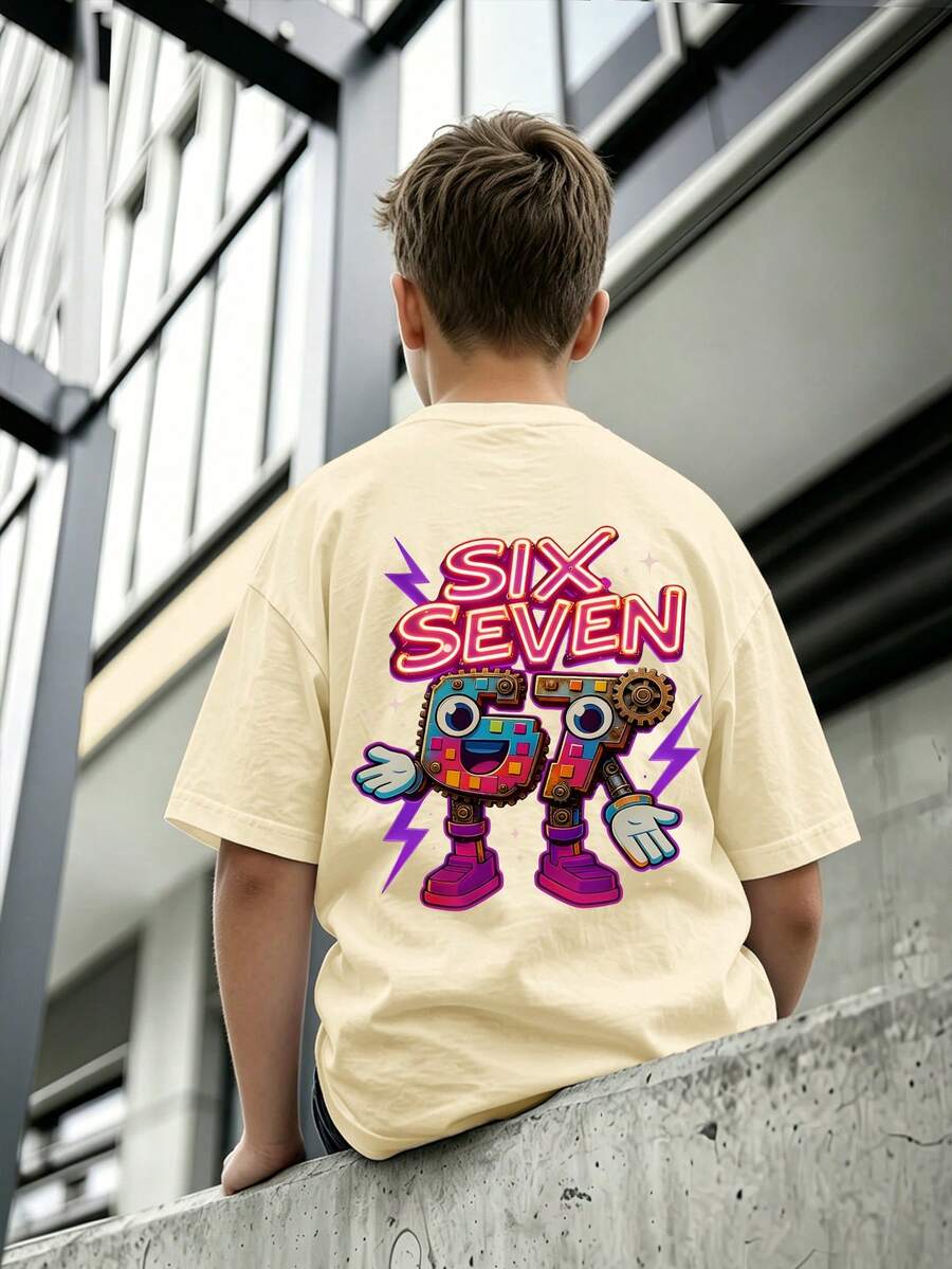 Punk 67 Cartoon Pattern Teen Boy Street Tech Short Sleeve T-Shirt, Soft & Comfortable Summer Casual Tee For Teens, Suitable For Ocean Vacation/Weekend Outings - Apricot - View 1