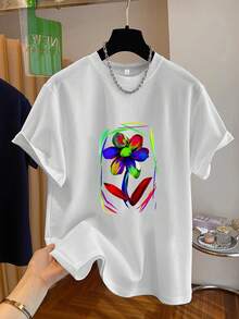 Women's Soft, 100% Cotton Graphic Print T-Shirt - Vibrant Floral Print, Short Sleeves, Crew Neck, Casual Top For All Seasons, Black With Colorful Floral Design, Perfect For Casual Outfits, Everyday Wear. | Vibrant Design T-Shirt | Soft Fabric T-Shirt, Breathable Cotton T-Shirt, Goes With Everything, Cool - 白色 - 查看 6