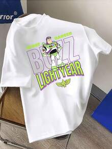Disney Toy Story Bass Lightyear Pattern T-Shirt, Bass Lightyear Race Board Print, Double-Sided Printed Design, Men's Summer Short-Sleeve Top, High-Quality 100% Cotton Short-Sleeve T-Shirt, Summer Relaxed Breathable Casual Short-Sleeve Pack, Universal For Men And Women, Disneyland Travel Wear, Couple's Wear, Casual Everyday Wear, Street Wear, Vacation Wear, Campus Wear, Toy Story Enthusiasts - 白色 - 查看 2