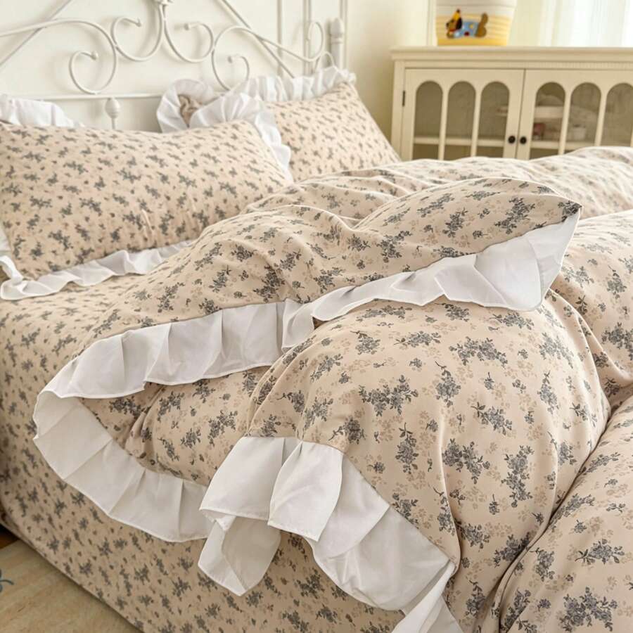 Bộ ga trải giường 3 món màu kem nữ tính, chất liệu mềm mại, có bèo nhún, họa tiết hoa (1 ga trải giường + 2 vỏ gối, không bao gồm chăn và ruột gối), thoải mái, mềm mại, thoáng khí, ấm cúng, đa năng, có thể giặt máy cho mọi mùa. - Rượu sâm banh - Xem 1