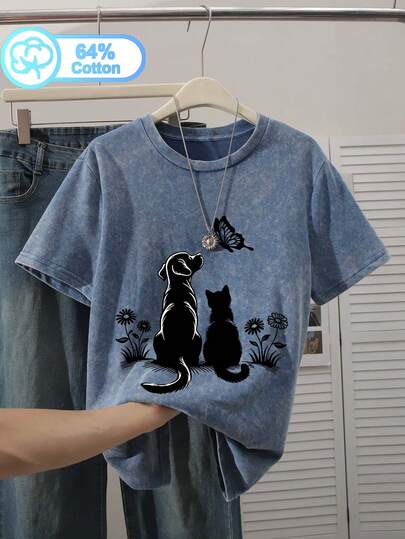 Áo thun nữ cỡ lớn cổ tròn bằng cotton, kiểu dáng đơn giản, in hình cún con, mèo con và bướm, được xử lý bằng phương pháp giặt tẩy axit.