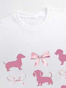 ropa de mujer Camiseta Casual de Cuello Redondo para Mujer con Estampado de Dachshund Rosa y Lazo, Atuendo Casual Divertido, Cómodo para Primavera y Verano, Camisetas para Damas, camisas de mujer - Blanco - Ver 3