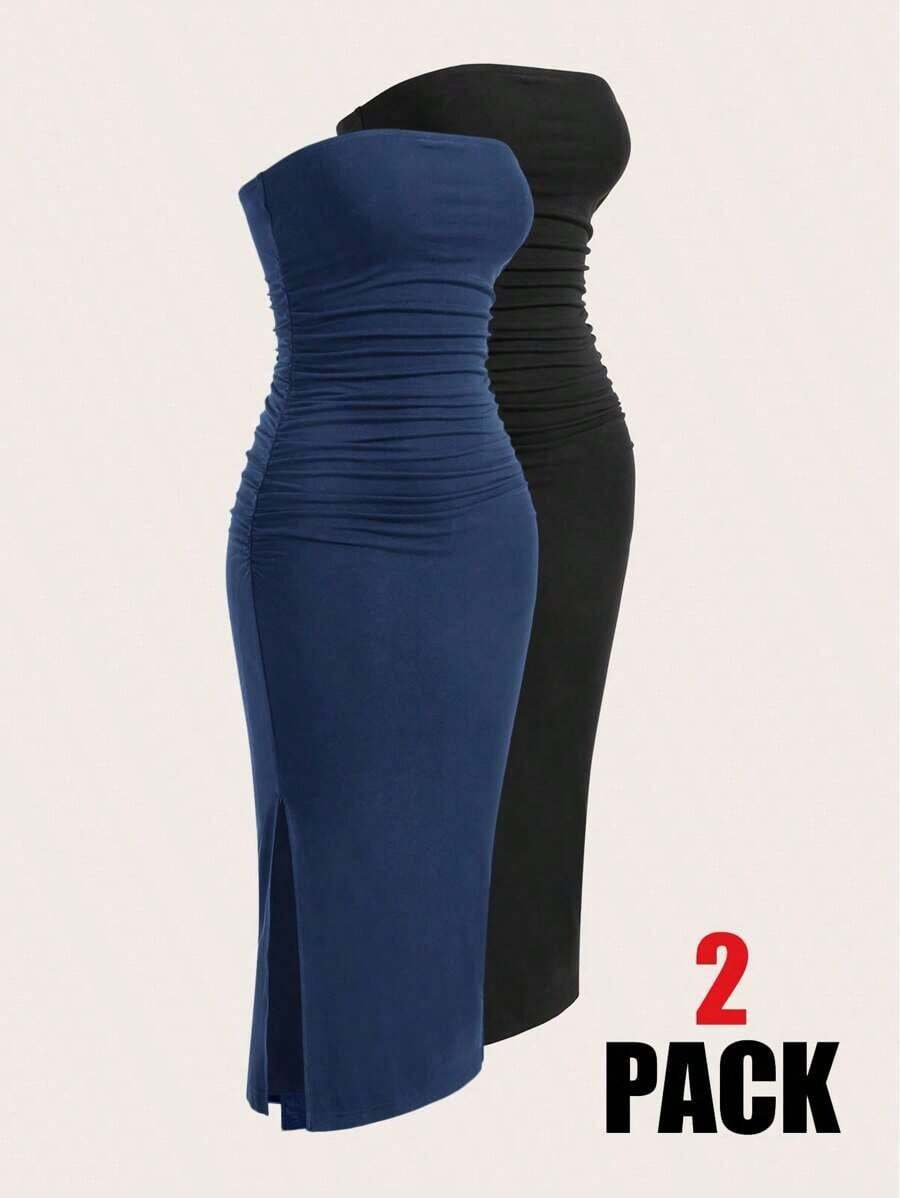 Vestido elegante de punto sin tirantes ajustado y multicolor para mujer - Negro - Ver 1