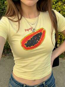 Camiseta corta de verano de mujer con estampado de flor de hibisco, estilo Y2K con abdomen descubierto, de manga corta, blanca, tipo baby camiseta - Amarillo 3 - Ver 6
