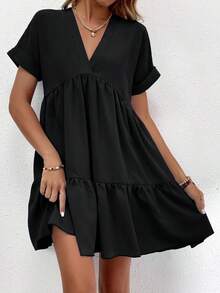 LUNE Vestido con puños enrollados, dobladillo con volantes y unicolor borgoña para outfit de mujer - Negro - Ver 7