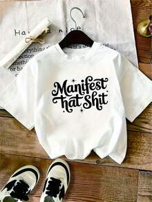1 Piece Short Sleeve T-Shirt With Bold Letter Print "Manifest That" - White With Black Graphic, Comfortable And Casual Fit, Machine Washable, Versatile Casual Outfit For Women And Teens, Perfect Gift For Birthdays And Holidays, Teen Clothing, Soft Fabric, Y2k T-Shirt. - 黑色 - 查看 10