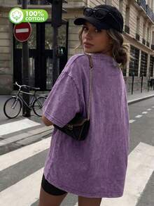Áo thun nữ bằng cotton, kiểu dáng retro tay ngắn, chất liệu 100% cotton nguyên chất, phong cách thường ngày. - Màu tím - Xem 5