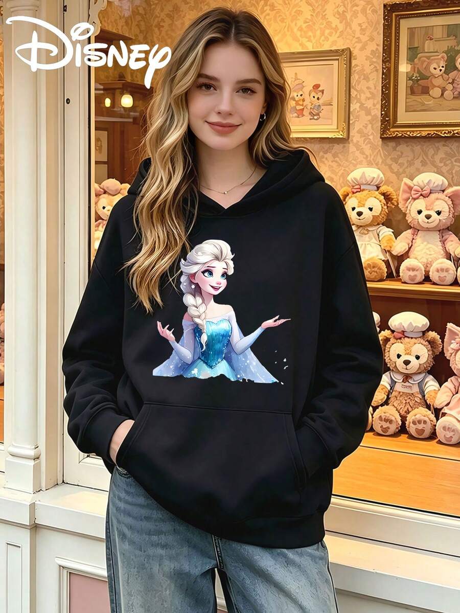 Winter Women's Fashionable Long Sleeved Hooded Sweatshirt, Made Of Comfortable Fabric, Suitable For All Seasons, Versatile For Various Occasions, Printed With Disney Elsa Pattern. - màu đen - Xem 1