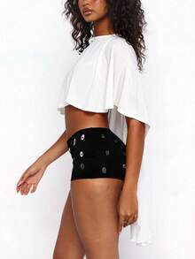 Top corto tipo capa de gasa marrón transparente para mujer, silueta drapeada, chal, ideal para fiestas nocturnas. - Blanco - Ver 4