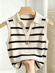 Chaleco de punto casual y elegante con cuello y rayas para mujer - Blanco y Negro - Ver 6
