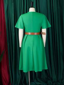 Women's A-Line Casual Dress, New Summer Collection European-American Style, V-Neck And Puff Sleeves - Sabuk Hijau + Sabuk - View 2
