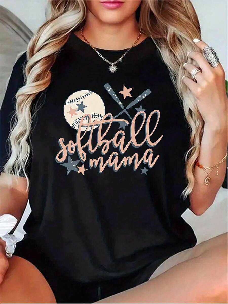 Camiseta Unisex para Mamá de Softbol - Diseño con Letras de "Mamá de Softbol" y Estrellas de Softbol, Manga Corta Casual para el Día del Partido, Práctica o Entrenamiento - Apta para Todas las Temporadas en Blanco y Negro - Ideal para Mamás y Jugadores de Softbol Y2k Camiseta Camisa De - Negro - Ver 1
