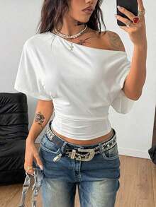 Camiseta esencial de uso diario con cuello asimétrico y cintura ceñida, apta para todo el año, para conciertos y raves con estilo Y2K para mujeres - Multicolor 7 - Ver 5