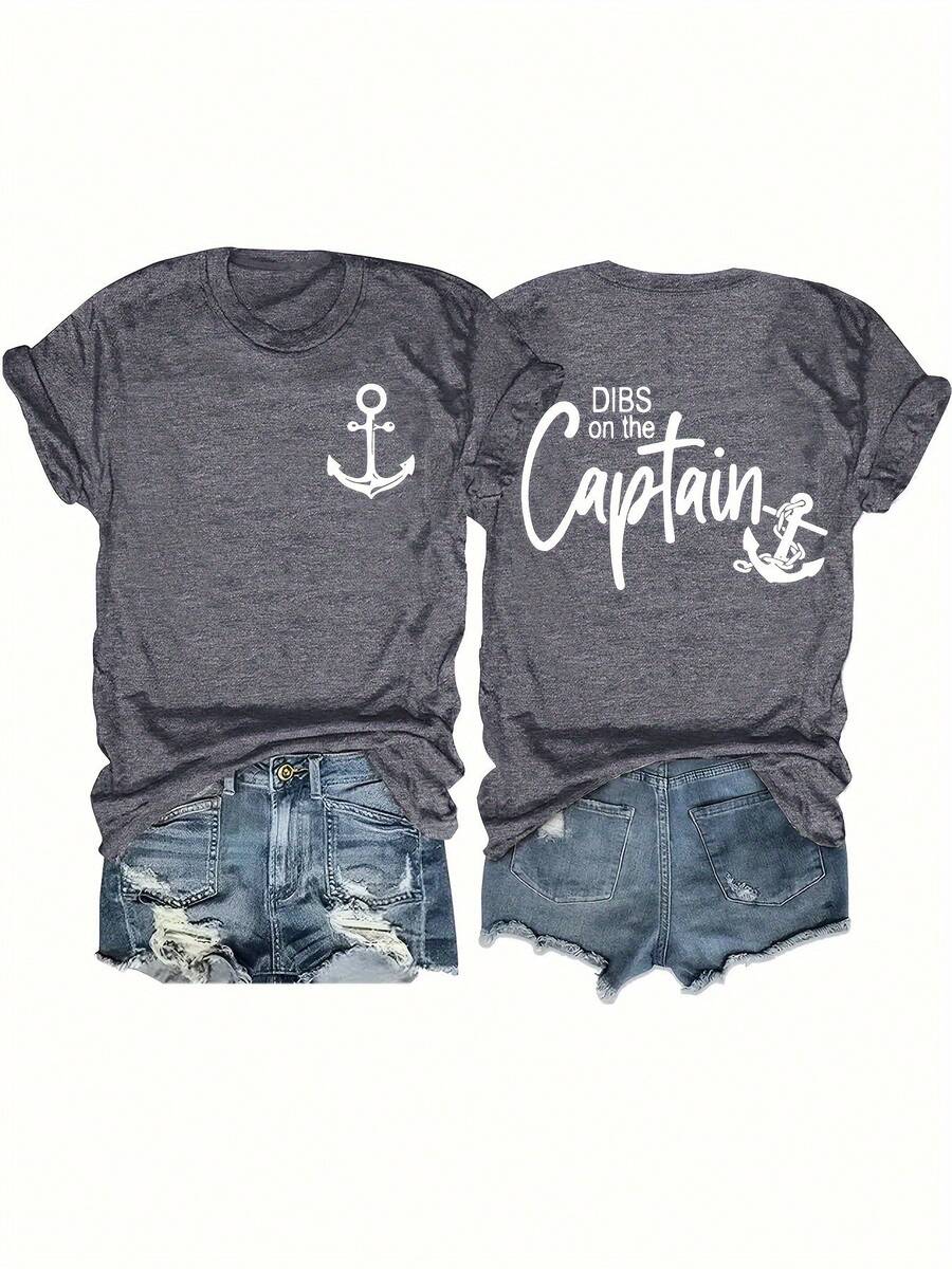 Camiseta de talla grande con estampado de ancla y letras, top casual de manga corta para primavera y verano, ropa de talla grande para mujer. - Gris Oscuro - Ver 1