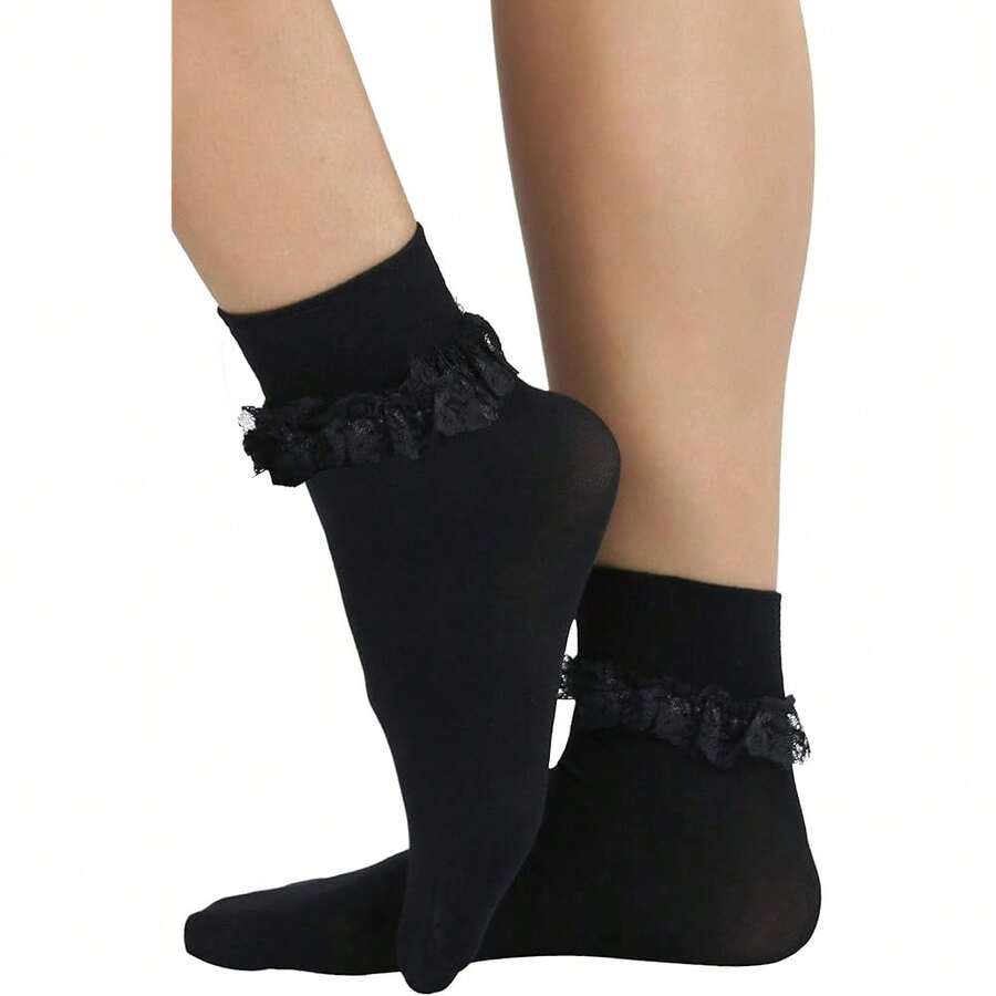 ToBeInStyle Women'S Opaque Ankle High Nylon Fashion Socks W/Ruffle Lace Trim - Black - View 1