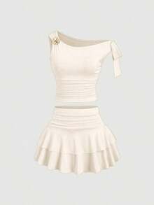 Conjunto de top de tirantes y minifalda plisada y con decoración de flores metálicas para mujer, ideal para el verano - Albaricoque 2 - Ver 3