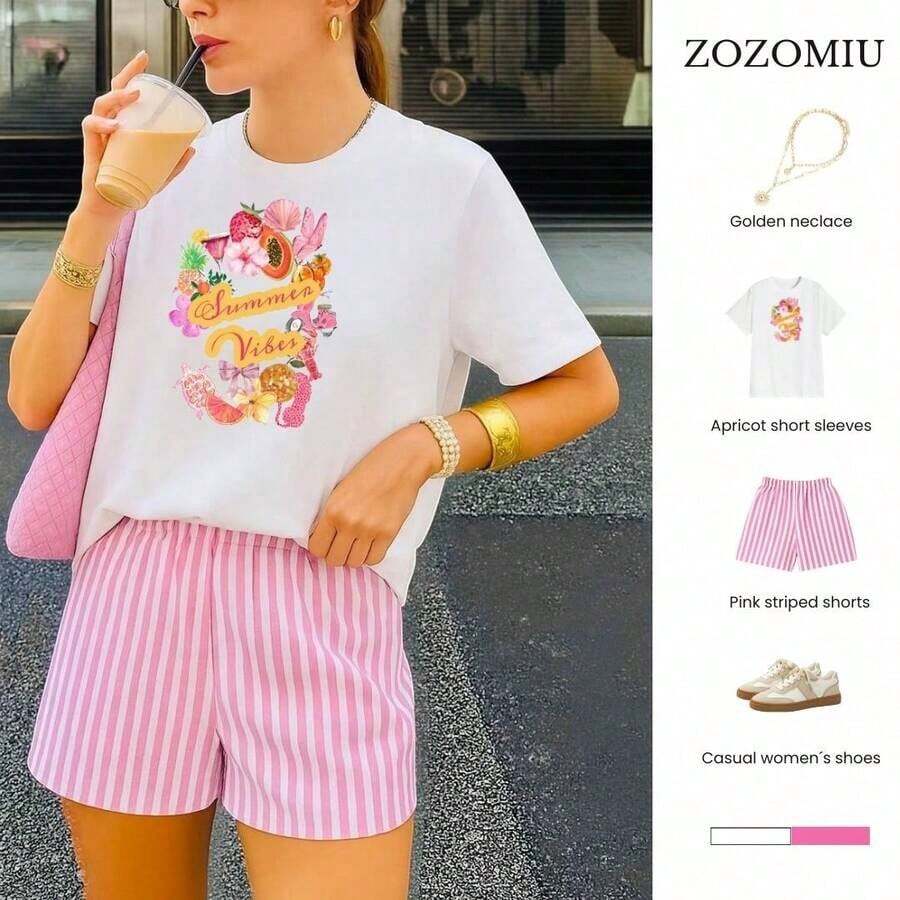 A Women's Short-Sleeve Tee With A Retro American Style, Featuring A Relaxed Fit And A Printed Design (Pants Are For Styling Suggestions Only). This Simple Yet Stylish Piece Features A Tropical-Themed Printed Letter Pattern, Making It A Must-Have For Creating A Laid-Back Holiday Look, Perfect For Occasions Like Labor Day And Mexican Independence Day. - 白色 - 查看 1
