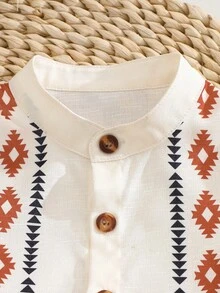 2pcs Baby Boys Retro Print Full Button Short Sleeve Shirt With Textured Striped Fabric, Elastic Waist Solid Color Shorts, Suitable For Casual Daily Wear And Outings - Burnt Orange - View 4