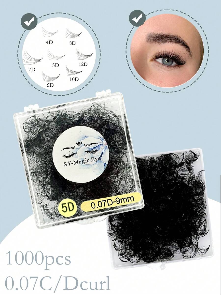Một hộp 1000 chiếc lông mi giả hình quạt, chân nhọn, độ dày 4D/5D/6D/7D/8D/10D/12D, độ dày 0.07mm, chiều dài 8-15mm/8-15mm hỗn hợp, độ cong C/D, mềm mại và tự nhiên, dễ mang theo, lông mi giả được gắn thủ công, thích hợp cho tiệc tùng và du lịch.
