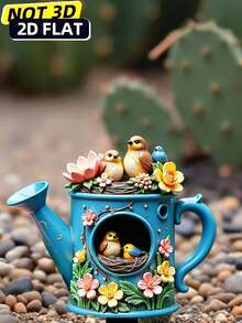 1pc 2D Acrylic Ground Stake, With Decorative Pointed Base, Water Vase Printed With Bird & Floral Pattern, Suitable For Outdoor Yard Decor, Garden Ornament, Also Can Be Used As Planter Decor, 2D Flat Design - Vase With Teapot Placed On the Ground - View 2