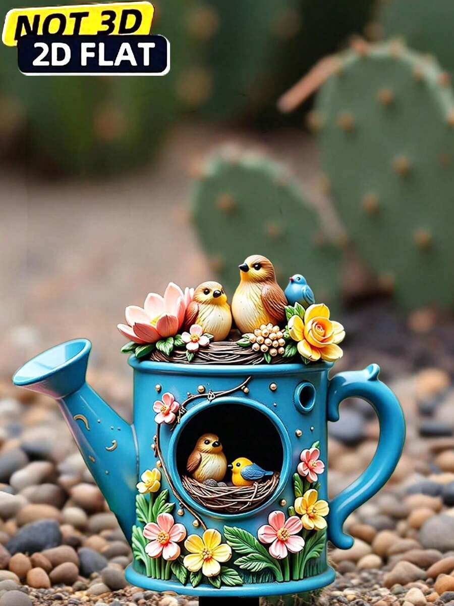 1pc 2D Acrylic Ground Stake, With Decorative Pointed Base, Water Vase Printed With Bird & Floral Pattern, Suitable For Outdoor Yard Decor, Garden Ornament, Also Can Be Used As Planter Decor, 2D Flat Design