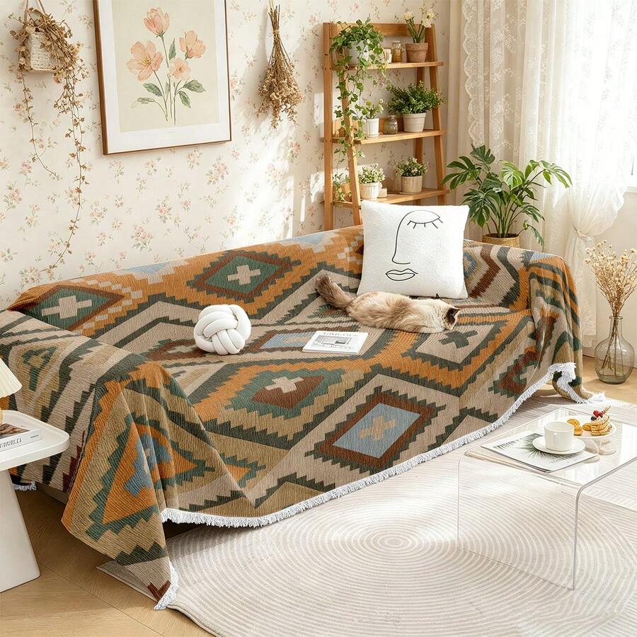 1PC Boho Cross PatternFringed Sofa Throw Blanket, Bohemian Print Couch Cover, Oversized Reversible Protector For Living Room, Machine Washable - Multicolor - View 1