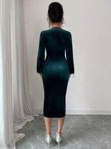 LUNNELUX Women Fall Velvet Midi Dress, Round Neck Split Flared Sleeve With Silver Fringe, Christmas Party Evening Gown - Dark Green - View 2