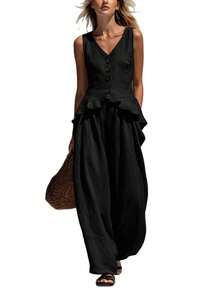 New Linen Set For Spring-Summer, Casual And Office Style, Button-Front Vest With V-Neck, Flattering Design, Perfect For Daytime Looks And Seasonal Transitions - Black - View 4