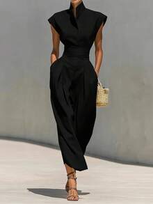Vestido primavera mujer cuello alto liso con mangas voladoras elegante estilo europeo de moda - Negro - Ver 7