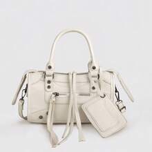 1pc Beige Splicing Rivets Inlaid Metal Tassels Zip Retro PU Material Small Bag Charms Loop Band Rivets Inlaid Sweet Cool Bikerbag Y2K Punk Square Bag - Beige - View 9
