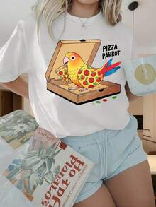 Women's Graphic Print T-Shirt, Lightweight Cotton, Summer, Crew Neck, Short Sleeve, Funny Parrot In Pizza Box Graphic T-Shirt, Casual Summer T-Shirt For Women, Fun Prints Suitable For Christmas Parties, Sports Activities, Holiday Parties, Outings, Sports And Other Festive Gifts (220g). Oversized Women's Printed T-Shirt, 100% Pure Cotton - 白色 - 查看 5