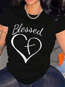 ropa de mujer Conjuntos de vacaciones tropicales para mujer, camiseta de manga corta con cuello redondo y diseño de corazón sagrado y cruz, adecuada como regalo para el Día de San Valentín. 100% Cotton  Outfits  camisas de mujer - Negro - Ver 1