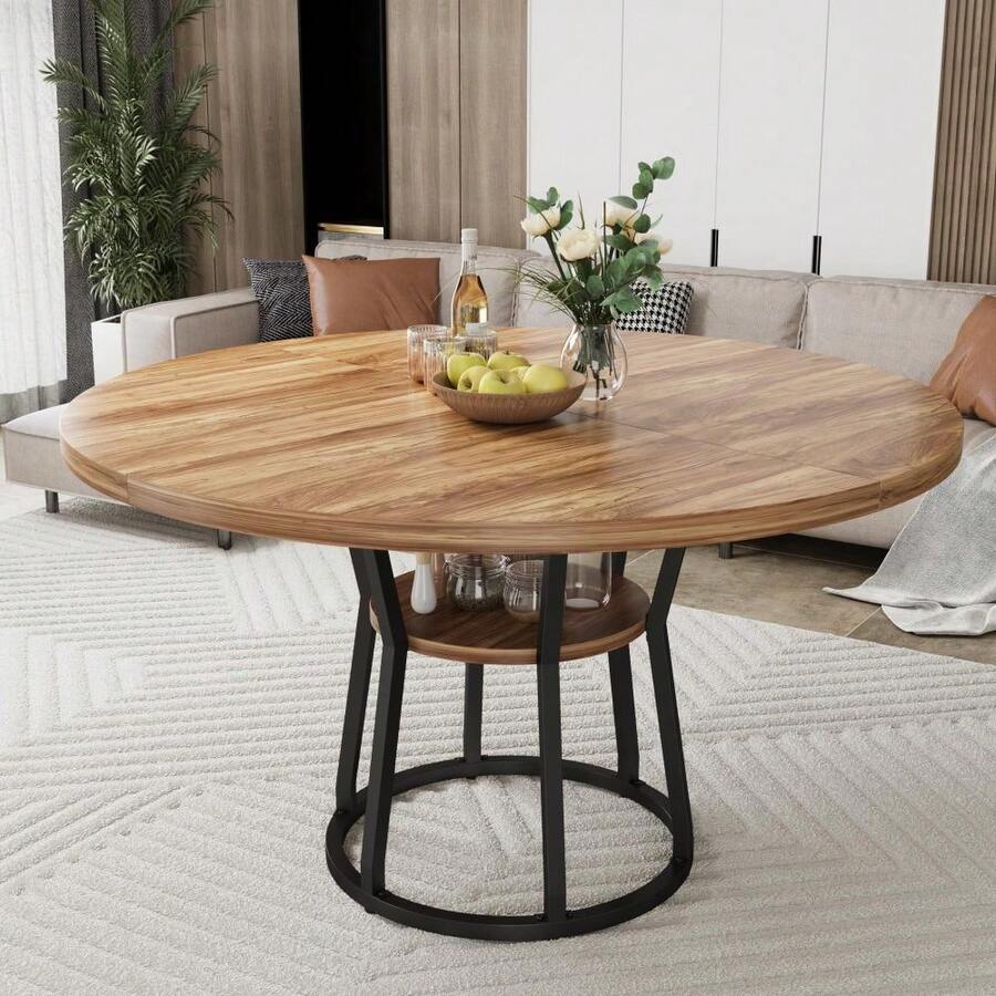 Space-Saving Round Dining Table For 4-6 Wood Dining Table With Storage Shelf, Robust Metal Legs, - Light Antique Wood Grain Color - View 1
