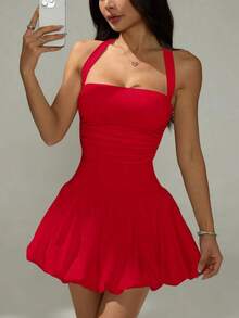 Vestido informal corto de unicolor con cuello de lazo y espalda descubierta para mujer - Rojo - Ver 7