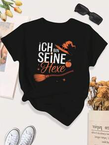 [Print Design]Women's Large German Witch Quote T-Shirt - Grey Casual Round Neck With German Text & English Translation "Ich Bin Sîne Hexe" (I Am My Witch) - Witch Hat & Broomstick Design - All-Season Fit For German Language Learners & Witch[Suitable For Leisure And Sports Activities] - Multicolor - View 2
