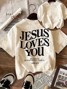 Women's Red Cotton Short-Sleeve T-Shirt With "Jesus Loves You" Print, Regular Short Sleeves, Crew Neck, And Slightly Stretchy Fabric, Perfect For A Cute And Festive Look. 100% Cotton - 杏 - 查看 6