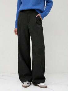 Mono de diseño minimalista Vela Rue con cierre de gancho y cremallera, pantalones anchos de color azul marino sólido semitransparente y ligeros, pantalones anchos de moda para todas las estaciones - Negro - Ver 3