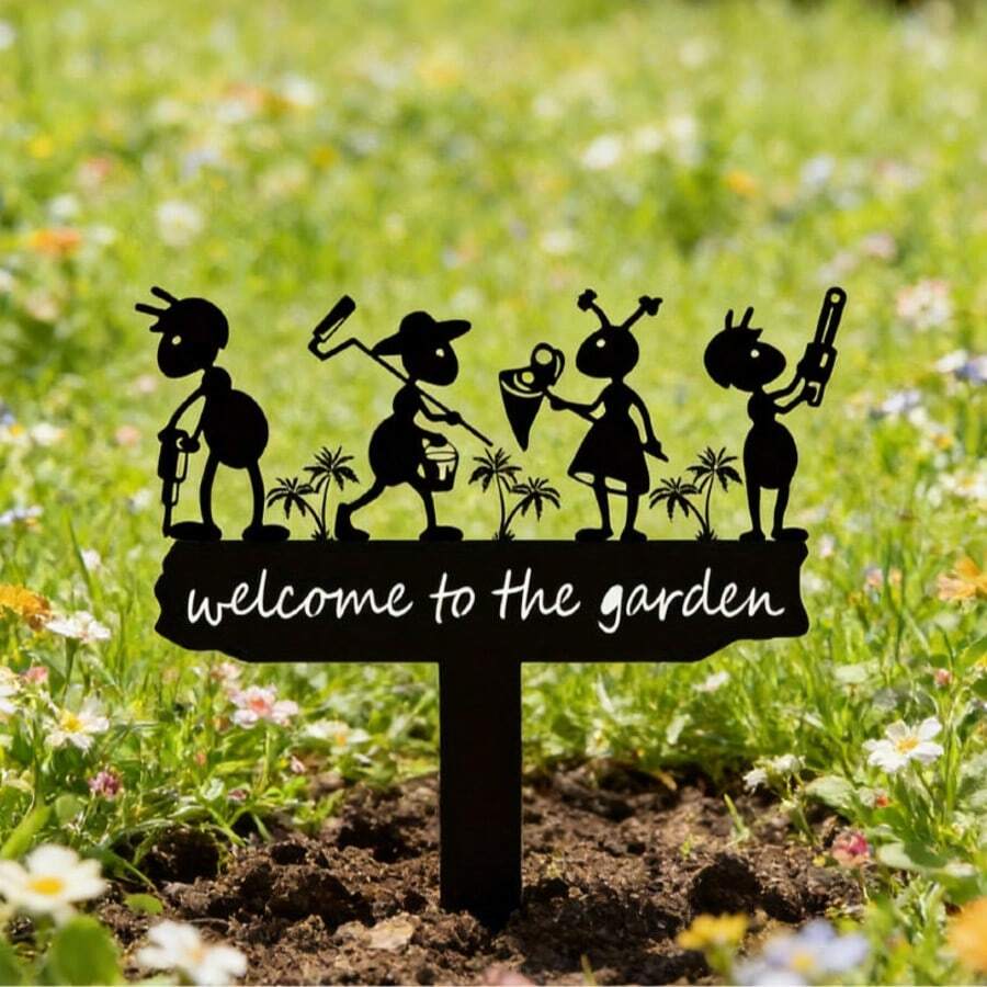 1 pieza Letrero de bienvenida de jardinero de hormigas, estaca de jardín de acrílico, silueta de hormiga de dibujos animados, letrero decorativo juguetón para césped y patio exterior - A - Ver 1