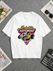 White T-Shirt With A Vibrant "Rockabilly Hotrod" Graphic Design. Perfect For Car Enthusiasts And Those Who Love Vintage Aesthetics. Ideal For Casual Wear Or As A Gift For Loved Ones With A Taste For Classic Cars And Retro Styles. A Short-Sleeved T-Shirt Suitable For Lounging At Home, Everyday Wear, Parties, And Travel, Perfect As A Gift For Friends Or Family. - 白色 - 查看 5