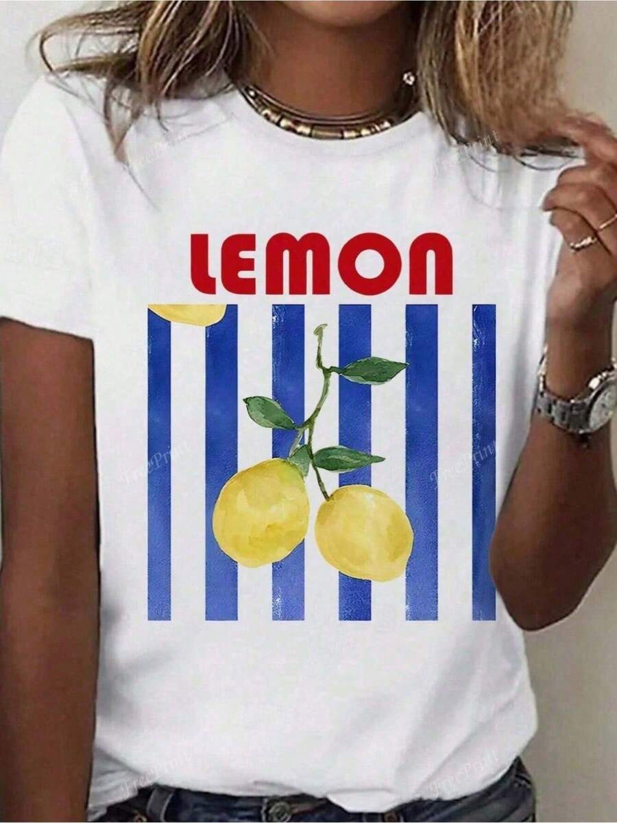 Estampado de Limones con Rayas Azules y Texto - Blanco - Camiseta Gráfica de Estilo Casual Simple 100% Algodón Puro - Suave y Cómoda, Cuello Redondo, Manga Corta, Top de Moda Urbana para Todas las Temporadas, Ropa Casual de Calle| Camiseta de Cuello Redondo Y2k - Negro - Ver 1
