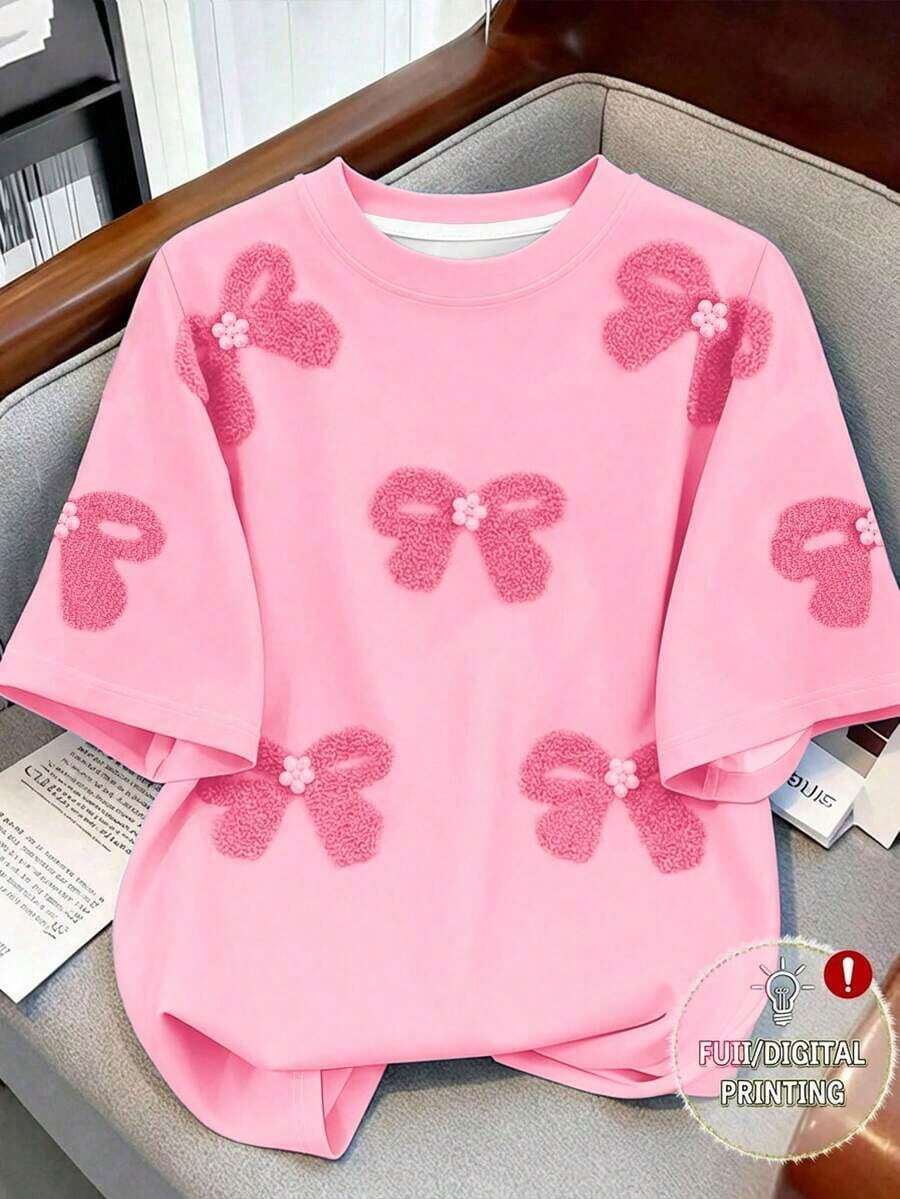 1pscSHEIN Camiseta Holgada de Manga Corta con Cuello Redondo y Gráfico en 3D en Relieve, Estilo Casual Minimalista para Mujer, Ideal para Verano, Top de Verano, Top Rojo, 100% Algodón. - Multicolor 5 - Ver 1