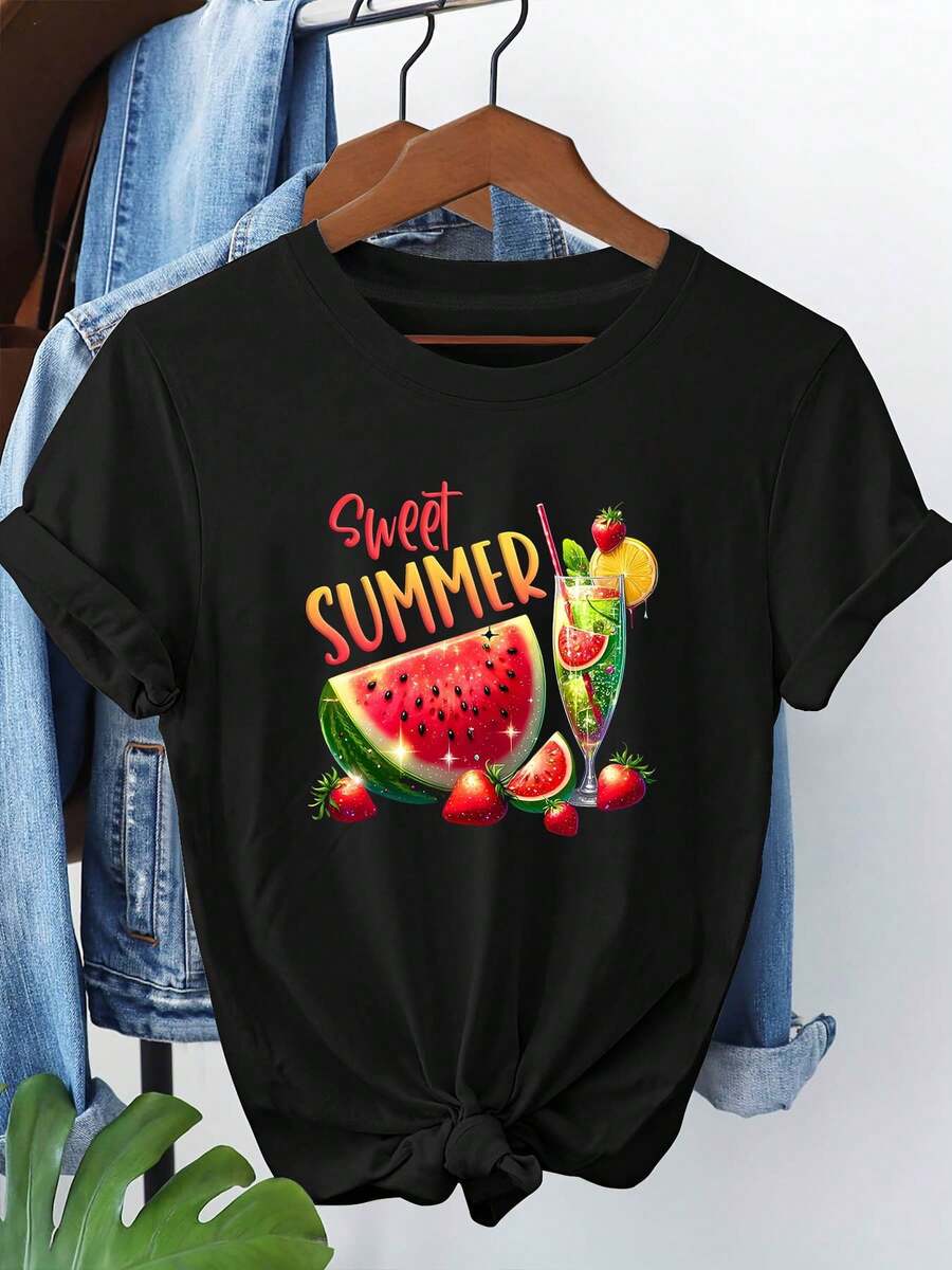 Camiseta de talla grande para mujer con estampado gráfico "weet UER", manga corta y cuello redondo, top casual para verano y primavera, ropa de mujerverano mujer/Mujeres antes del Año Nuevo/ropa de playa/ontre mujer premium/Camiseta tropical de Carol pequeña