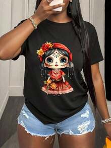 Catrina With Vibrant Flowers And Intricate Details That Evoke Festive Celebrations, Women's T-Shirt, 100% Soft And Comfortable Cotton, Perfect For A Casual And Joyful Look., Maija Curvy Women. - 黑色 - 查看 1